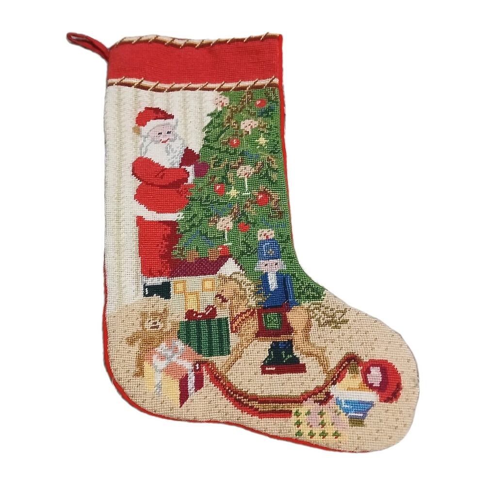 Vintage Needlepoint Christmas Stocking Santa Tree Toys Nutcracker Rocking Horse